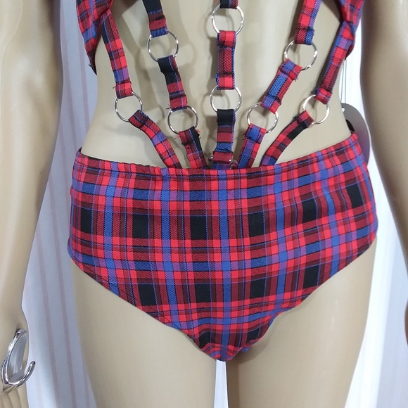 DOLLS KILL Silky Lined Red Plaid Bodysuit w Straps & O-Rings NWT Sz S - Picture 2 of 16